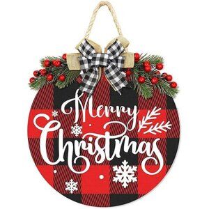 Decorations Wreath, Merry Christmas Buffalo Plaid Hanging Sign Rustic Wooden